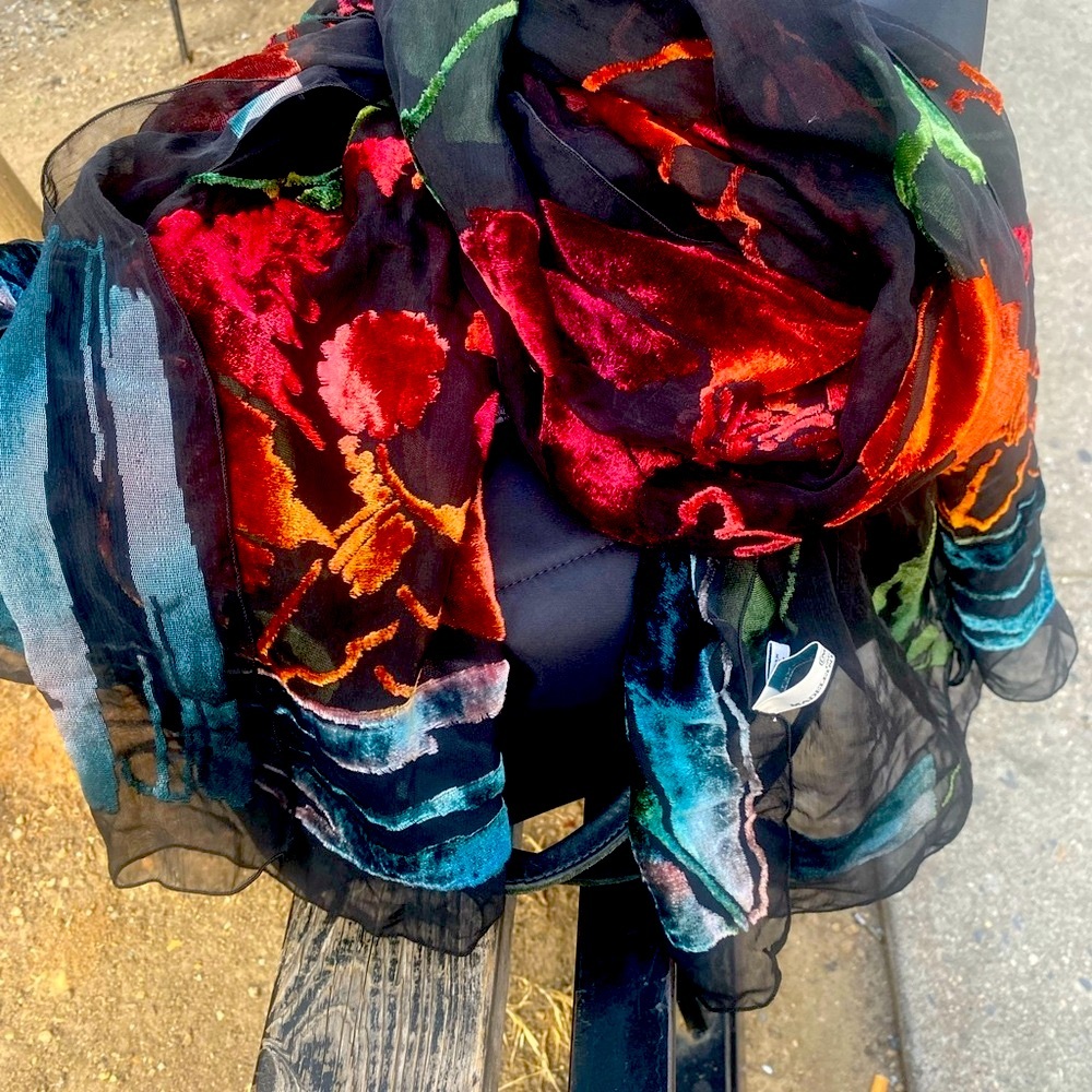 MADELEINE VIONNET 30’s VTG VELVET FLORAL SILK BLACK RARE Scarf GORG